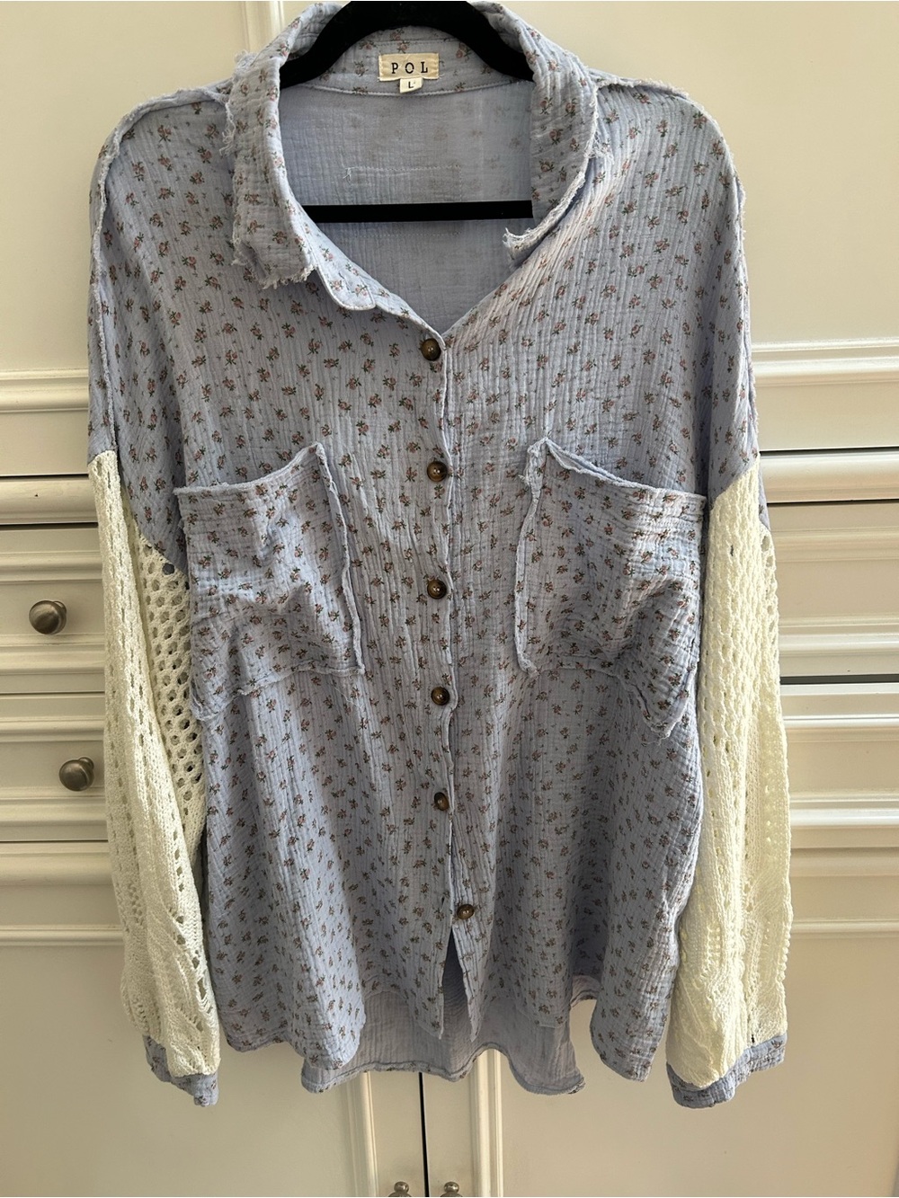POL Light Blue Floral Button-Front Sweater with Cream Crochet Sleeves NWOT